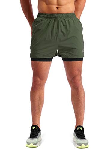 Pudolla Men’s 2 in 1 Running Shorts 5" Quick Dry Gym Athletic Workout Shorts for Men with Phone Pockets(Dark Green Large) - Image 2