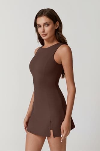 QINSEN Sport Dress for Women Sleeveless Workout Side Slit Tennis Dress with Inner Shorts Brown S - Image 4