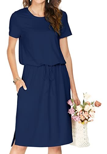 Womens Summer Pockets Modest Casual Midi Knee Length Dress Solid Navy L - Image 1