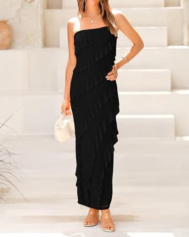 BTFBM Women Summer Elegant Strapless Midi Ruched Bodycon Dress Solid Color Stretch Mesh Slim Party Cocktail Dresses - Image 4