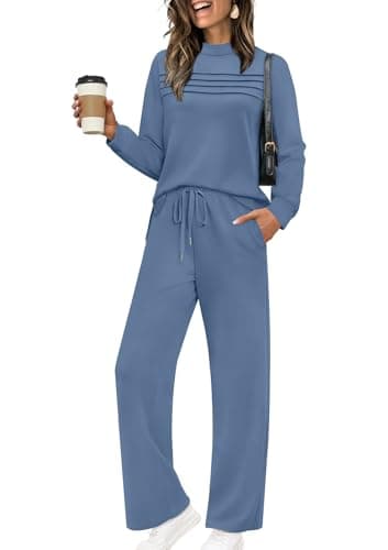 Fall Outfits for Women 2025 Two Piece Lounge Sets Fashion Business Casual Outfits Womens Clothes Comfy Workout Sets Athleisure Pajamas Loungewear Winter Clothing Mock Neck Break Sweatsuits Blue L - Image 1
