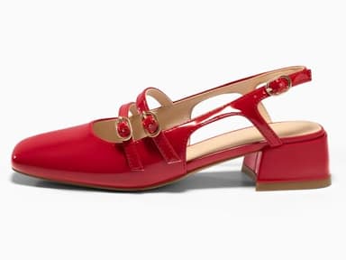 Coutgo Womens Mary Jane Chunky Low Heels Slingback Pumps Closed Square Toe Wedding Dress Shoes, Red, Size 7.5 - Image 7