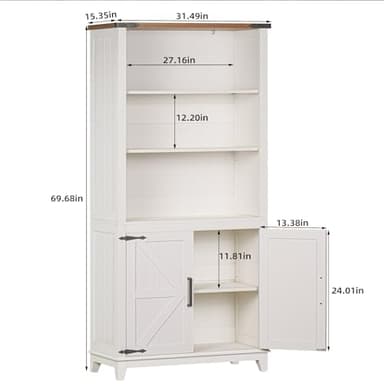 Joaxswe 5 Tier Bookshelf 70in Tall Bookcase with Barn Doors and Storage Cabinet, White Farmhouse Book Shelf with Adjustable Shelves, Wood Freestanding Display Bookshelves for Bedroom, Living Room - Image 2