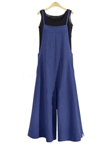YESNO Women Casual Loose Long Bib Pants Wide Leg Jumpsuits Baggy Cotton Rompers Overalls with Pockets (XS PZZTYP2 Navy Blue) - Image 2