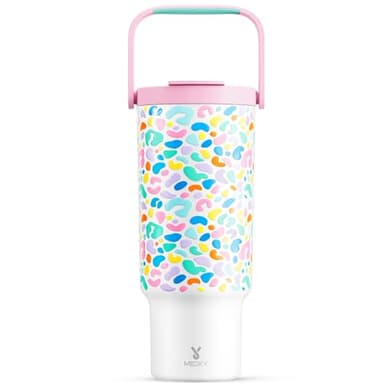 Meoky 40 oz Tumbler with Handle and Straw, Insulated Water Bottle, Stainless Steel Travel Mug, Keeps Cold for 34 Hours, 100% Leak Proof, Fits in Car Cup Holder (Leopard) - Image 1