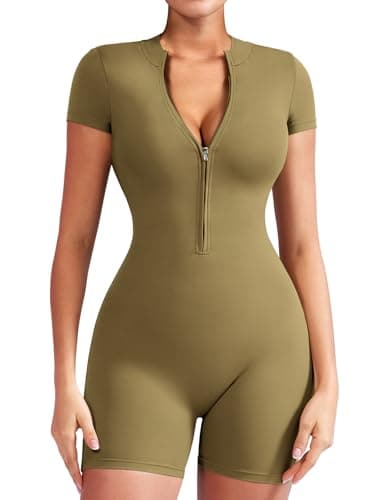 YEOREO Women Short Sleeve Workout Jumpsuit Zip Up Romper Bottom Shorts Bodysuit Bodycon Sexy One Piece Green XL - Image 1