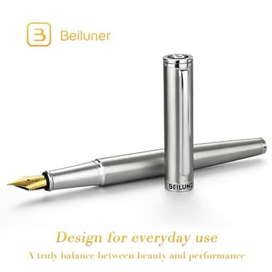 BEILUNER Luxury Fountain Pen Set, Solid 24K Gilded Fine Nib, Silver Stainless Steel Body- Includes 6 Ink Cartridges & Ink Refill Converter with Gift Case - Perfect for Men and Women - Image 2