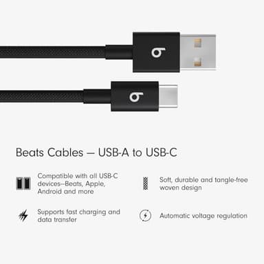 Beats USB-A to USB-C Woven Cable 2 Pack Fast Charging Durable/Tangle-Free Compatible Charger for Apple & Android Devices (1.5 m, 5 ft) - Bolt Black - Image 2