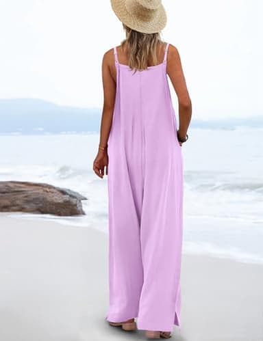 YESNO Women's Summer Boho Casual Jumpsuits Wide Leg Overalls Floral Print Baggy Rompers with Pocket XS PZZCR Solid Purple - Image 3
