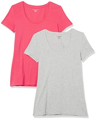Amazon Essentials Women's Regular-Fit Short-Sleeve Scoop Neck T-Shirt (Available in Plus Size), Pack of 2, Light Grey Heather/Hot Pink, X-Large - Image 1