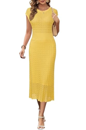 Newshows Women Summer Dresses 2025 Teacher Outfits Work Midi Boat Neck Cap Sleeve Butter Yellow Hollow Knit Modest Business Casual Elegant Classy Sweater Dress(Yellow,M) - Image 1