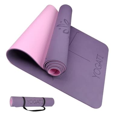 YOGATI Yoga Mat with Alignment Lines. Exercise mat with carry strap. Pilates mats for yoga or Fitness. Non slip Workout Mat. Thick Yoga Mats for women and men. Gym mats for home. Yoga matt thick. - Image 1
