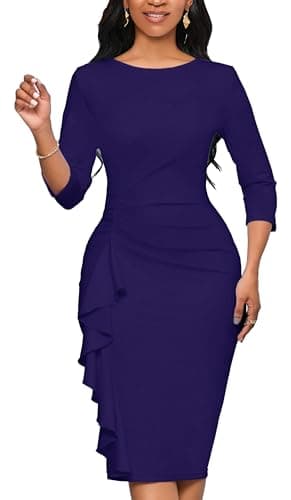 Purple Dress Women Summer Party 3/4 Sleeve Ruffle Peplum Work Midi Pencil Dress(Purple X-Large) - Image 2