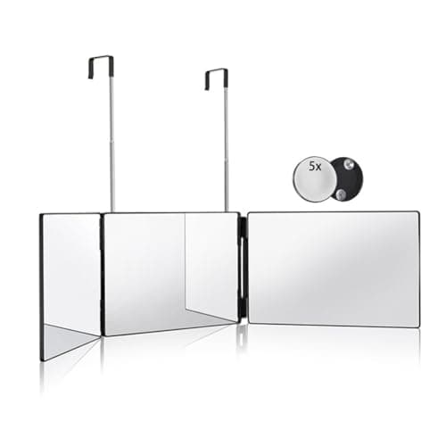 HIEEY 3 Way Mirror for Hair Cutting,360 Trifold Mirror with Height Adjustable Telescoping Hooks,and 5X Magnification,for Makeup, Hair Styling - Image 1