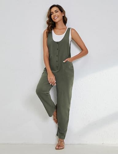 Yeokou Womens Overalls Linen Cotton Jumpsuits Loose Casual Jumpers with Pockets(ArmyGreen-M) - Image 7