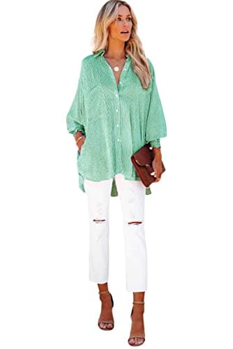 Womens Smocked Cuffed Striped Boyfriend Shirt Casual Collar Long Sleeve Oversized Button Down Blouse Tops with Pocket Shirred Green - Image 4
