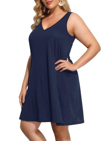 Sun Dresses Women Summer Plus Size Navy Blue Bathing Suit Cover Up Casual Tank Tshirt Sleeveless Pockets Short Sundress - Image 3