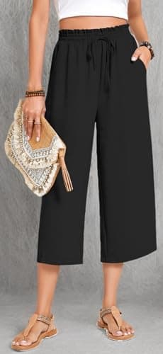 Anyhold Womens Capri Pants Loose High Waisted Wide Leg Lounge Pants Drawstring Casual Palazzo Trousers with Pockets X-Large, Black - Image 6