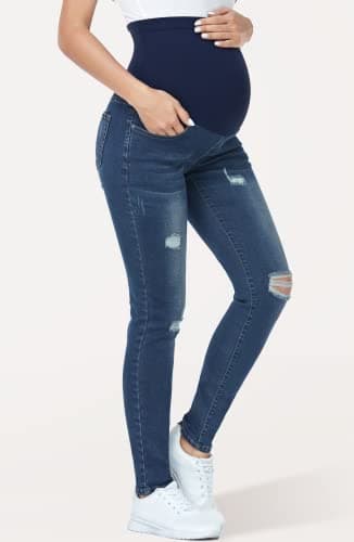 PACBREEZE Women's Maternity Jeans Over Belly Skinny Stretchy Denim Pants Comfy Slim Pregnancy Pants (Ripped Indigo Blue, XX-Large) - Image 7