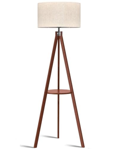 LEPOWER Tripod Floor Lamp, Mid Century Wood Standing Lamp, Modern Design Shelf Floor Lamp for Living Room, Bedroom, Office, Flaxen Linen Shade with E26 Base Brown - Image 1