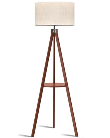 LEPOWER Tripod Floor Lamp, Mid Century Wood Standing Lamp, Modern Design Shelf Floor Lamp for Living Room, Bedroom, Office, Flaxen Linen Shade with E26 Base Brown - Image 1