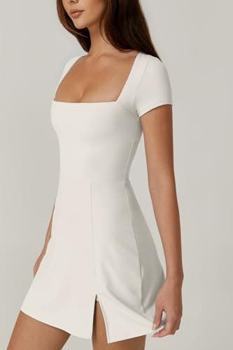 QINSEN Square Neck Athletic Dress for Women Side Slit High Waist Built in Shorts Pocket Flare Exercise Dress White S - Image 4