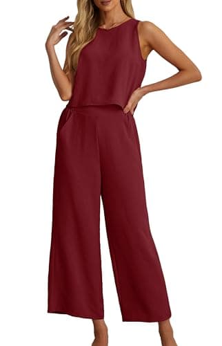 IWOLLENCE Women's Summer 2 Piece Outfits Set Round neck Sleeveless Tank Crop Top Wide Leg pants Set Pockets Jumpsuits Wine Red XX-Large - Image 1