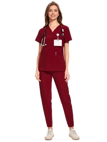 COZYFIT Medical Scrubs for Women Set - Curved V-Neck Scrub Top & Jogger Pants with 8 Pockets - Burgundy, M - Image 1