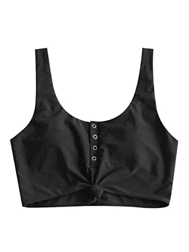ZAFUL Women's Front Knot Bikini Tops Crop Tankini Top Scoop Neck Padded Bathing Suit Tops 0-Black L - Image 1