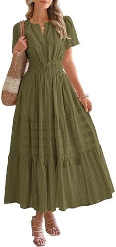 BTFBM Womens Summer 2025 Casual Midi Maxi Dresses Lightweight Short Sleeve V Neck Elastic Waist Boho Beach Dress Pockets - Image 2