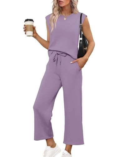 Sampeel Womens Two Piece Sets Loungewear Set Travel Airport Vacation Outfits Trendy Cruise Outfits 2025 Wide Leg Crop Pants Sets Purple L - Image 1