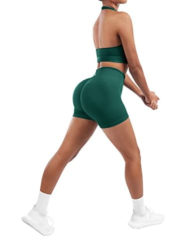 SUUKSESS Women Two Piece Seamless Ribbed Workout Sets Outfits Backless Halter Sports Bra Booty Biker Shorts (Dark Green, S) - Image 4