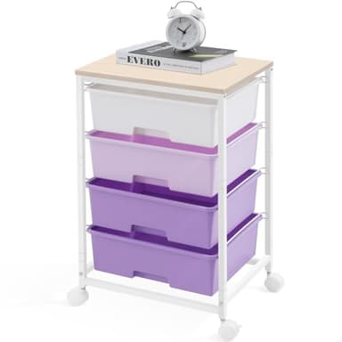 Utility Cart with 4 Drawers,Rolling Storage Cart with Drawers,Storage Rolling Drawer Cart with Wooden Tabletop for Bedroom,Kid's Room,Dorm,Classroom,Office, Purple - Image 1