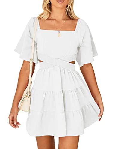 Women's Summer Dresses Square Neck Casual Short Sleeves Crossover Elastic Waist Party Mini Dress White XS - Image 1
