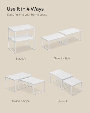 SONGMICS Cabinet Organizer Shelf, Set of 4 Kitchen Counter Shelves, Kitchen Storage, Spice Rack, Stackable, Expandable, Metal and Engineered Wood, Cloud White and Snow White UKCS027W01 - Image 7