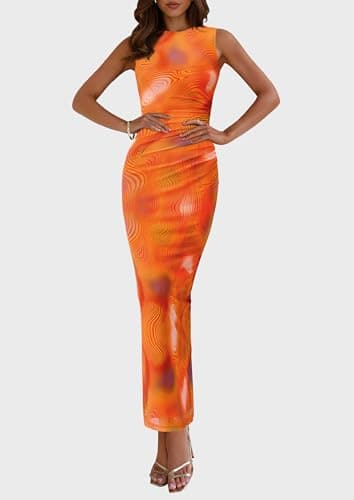 PRETTYGARDEN Wedding Guest Dresses for Women 2025 Summer Spring Floral Bodycon Sleeveless Mesh Maxi Long Dress(Print Orange,Medium) - Image 4