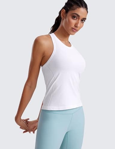 CRZ YOGA Seamless Womens Breathable Workout Tank Tops Racerback High Neck Sleeveless Running Athletic Shirts White Medium - Image 2