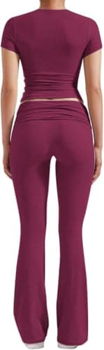 YETOWA Women's 2 Piece Lounge Outfits with Slim Short Sleeve Tops and Low Rise Flare Leggings Sets Versatile Yoga Fall Sweatsuit - Image 2