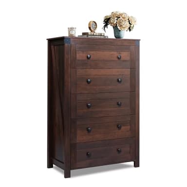 WLIVE Farmhouse Brown Dresser for Bedroom, 5 Drawer Dresser Storage Organizer, Tall Wood Dressers with Double Rustic Handle, Chest of Drawers for Living Room, Hallway, Closet - Image 1