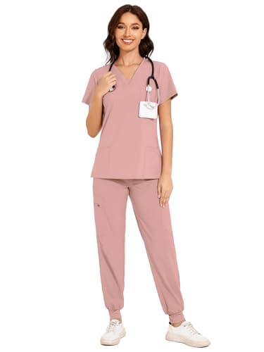 COZYFIT Scrubs for Women - V-Neck Top & Cargo Pants Scrubs Set with 10 Pockets - Pink, S, Tall - Image 1
