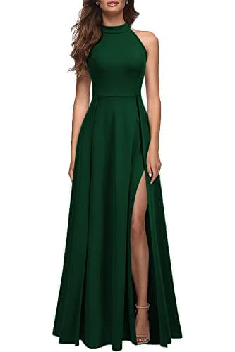 MUSHARE Women's Halter Neck Sexy Split Cocktail Party Maxi Long Formal Dress Green - Image 1