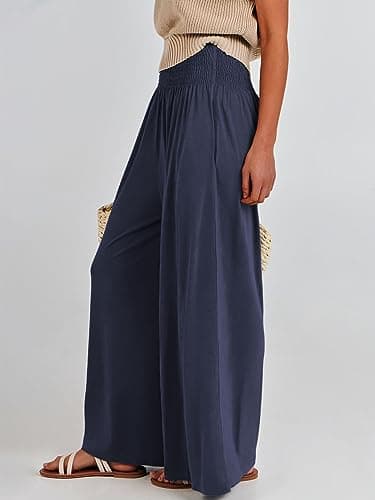 ANRABESS Women Palazzo Pants Summer Boho Bagyy Wide Leg High Smocked Waist Casual Loose Lounge Pant with Pocket Deep Blue X-Large - Image 2