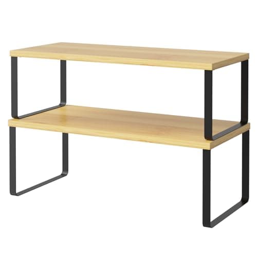 NEX Cabinet Shelf Organizer Set of 2, Kitchen Counter Shelves Spice Rack, Stackable, Expandable, Kitchen Pantry Cupboard Storage Organization, Black and Natural - Image 1