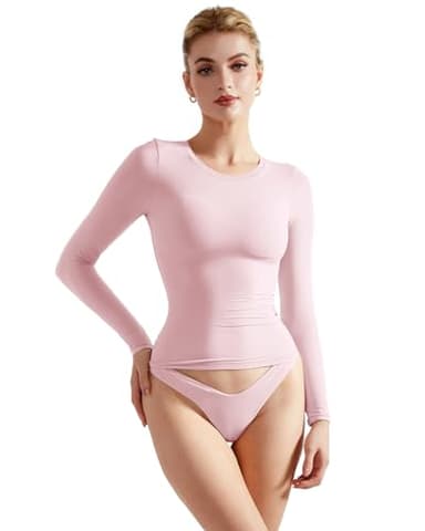 SUUKSESS Women Double Lined Fitted Basic Tee Shirts Crew Neck Long Sleeve Going Out Crop Tops (Blush, S) - Image 1