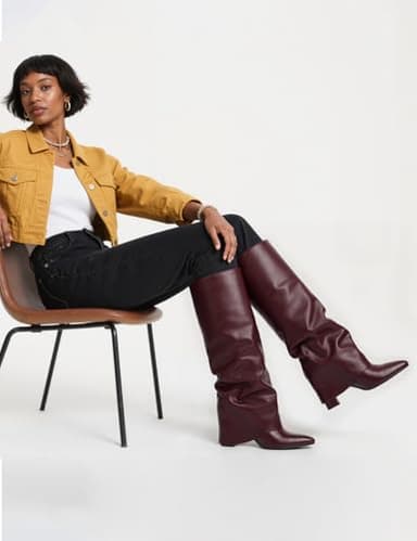 Modatope Burgundy Slouchy Shark Knee High Boots for Women Chunky Heel Fold Over Boots Pointed Toe Tall Boots Zipper Long Boot Size 6.5 - Image 4