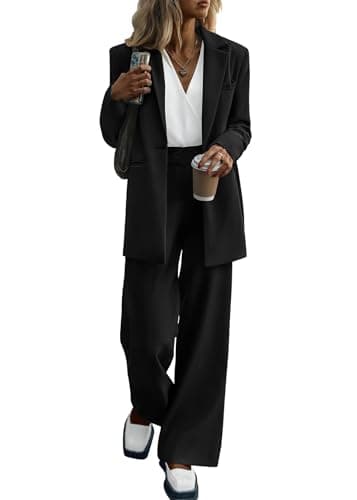 KIRUNDO Women Suits 2 Piece Set Business Casual Dressy Oversized Blazer Jacket and Wide Leg Dress Pantsuits Formal Outfits(Black, Medium) - Image 1