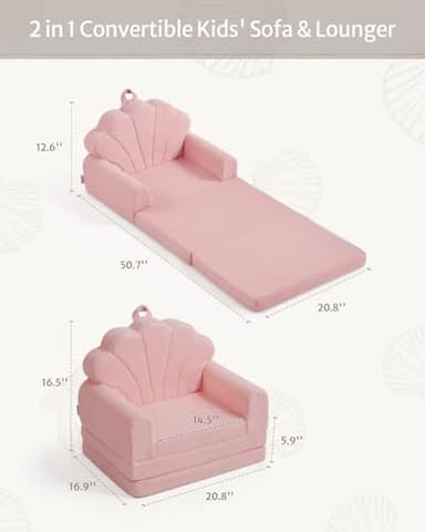 Blissful Diary Kids Couch, 2-in-1 Soft Toddler Couch Fold Out, Toddler Chair Comfy, Convertible Sofa to Lounger, Kids Furniture for Playroom, Gift for Birthday, Children's Day, Pink Shell - Image 3