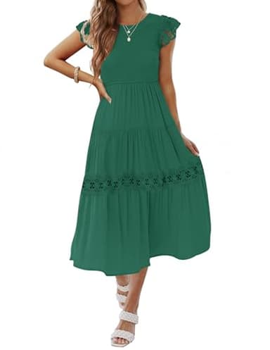 ZESICA Women's Casual Crew Neck Flutter Sleeve Smocked High Waist Hollow Out Lace Trim Tiered A Line Midi Dress,ForestGreen,Small - Image 1