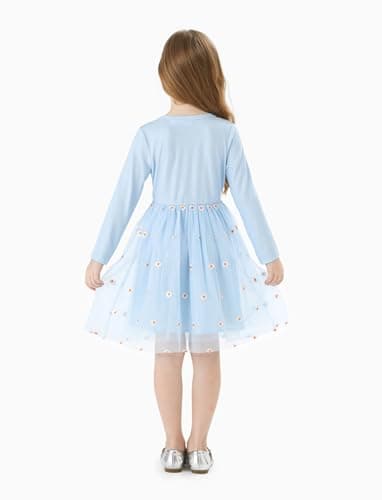 Disney Frozen Elsa Toddler Girl Dress Floral Tulle with Embroidery Long Sleeve Girl Clothes A Line Casual Double-Layer Fall Dresses Blue 5-6 Years - Image 5