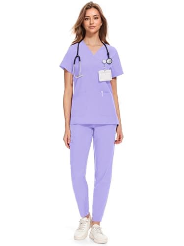 COZYFIT Medical Scrubs for Women Set - Curved V-Neck Scrub Top & Jogger Pants with 8 Pockets - Light Purple, S - Image 1